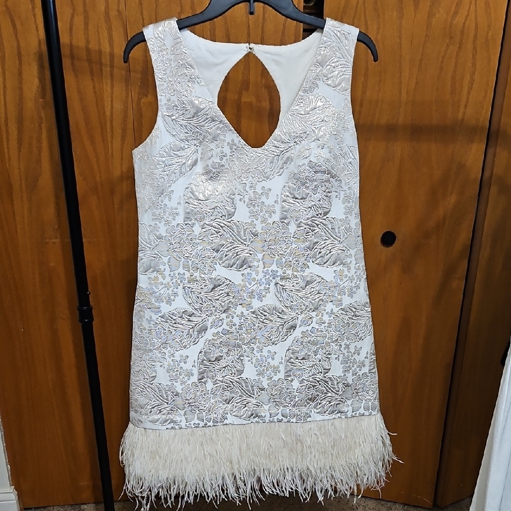 Nicole Miller White Dress with Silver Embroidery and Feather Trim